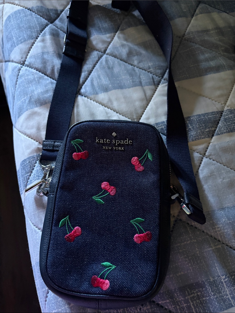 kate spade Black Crossbody with Pink Cherry Embroidery